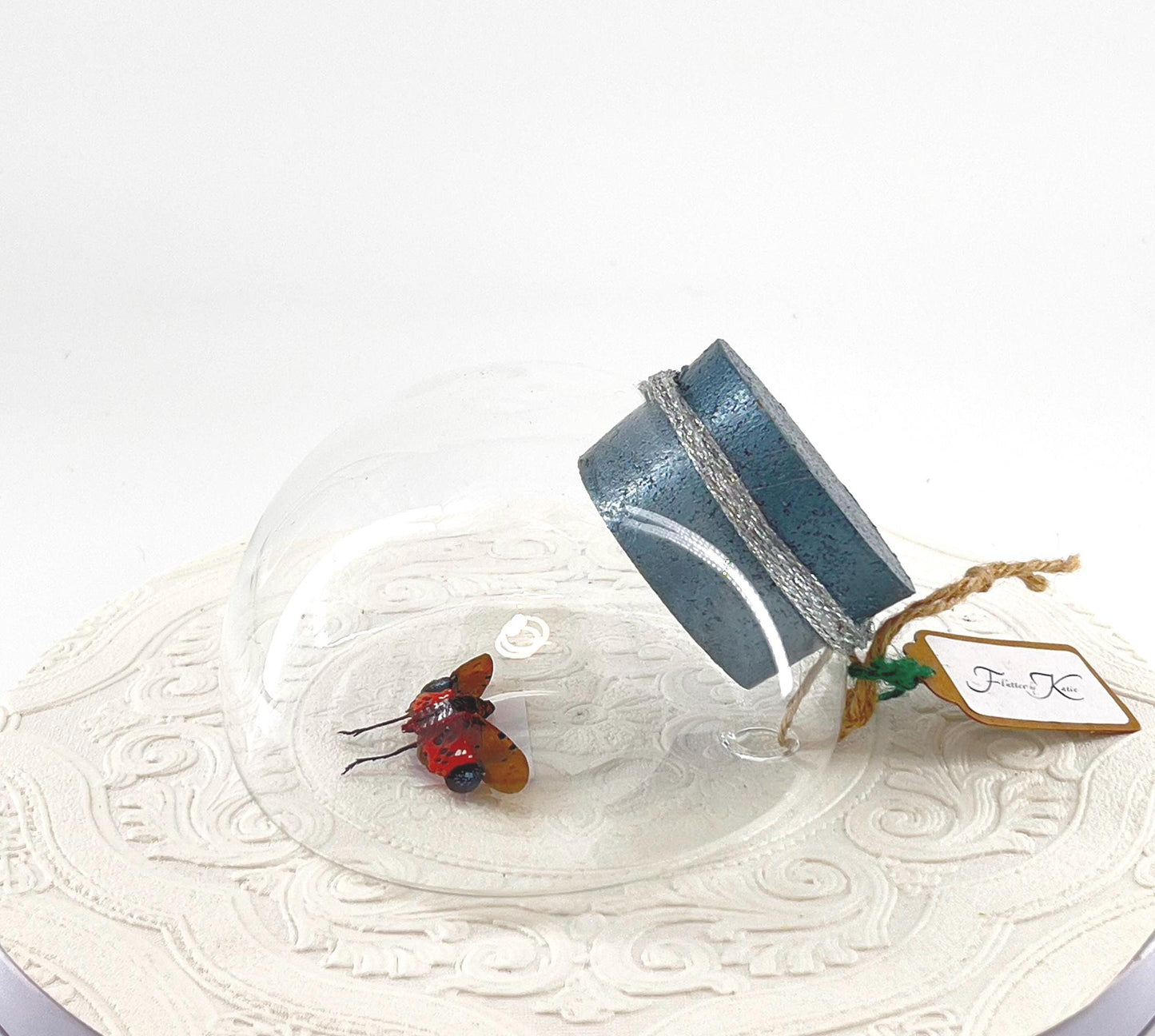 Droplet | Tabletop Wall Hanging | Spotted Lanternfly | Red Black | Flutter by Katie | Butterfly Sculpture Art Display | Glass Bubble | USA