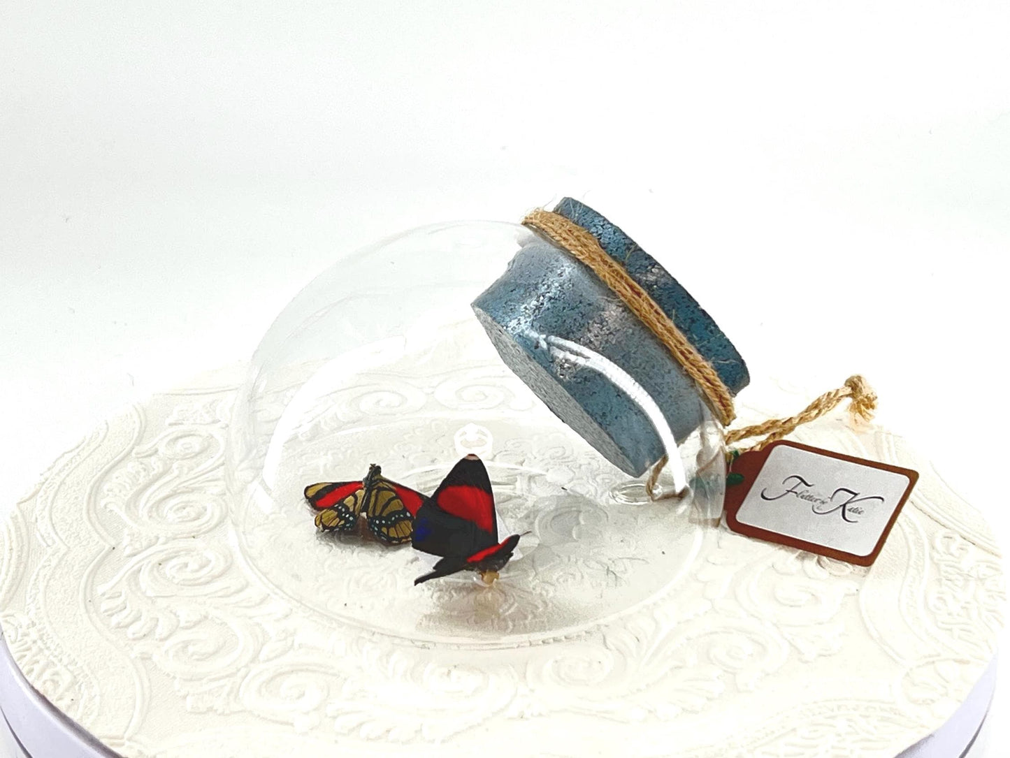 Droplet | Tabletop Wall Hanging | Double 8 Spot Numberwing | Red Black | Flutter by Katie | Butterfly Sculpture Art | Glass Bubble | Peru