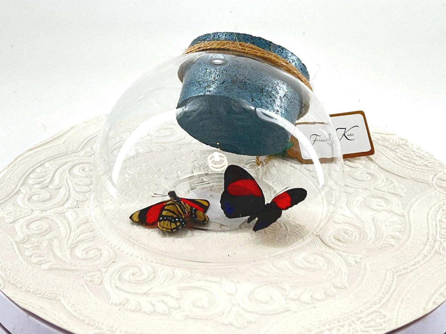 Droplet | Tabletop Wall Hanging | Double 8 Spot Numberwing | Red Black | Flutter by Katie | Butterfly Sculpture Art | Glass Bubble | Peru