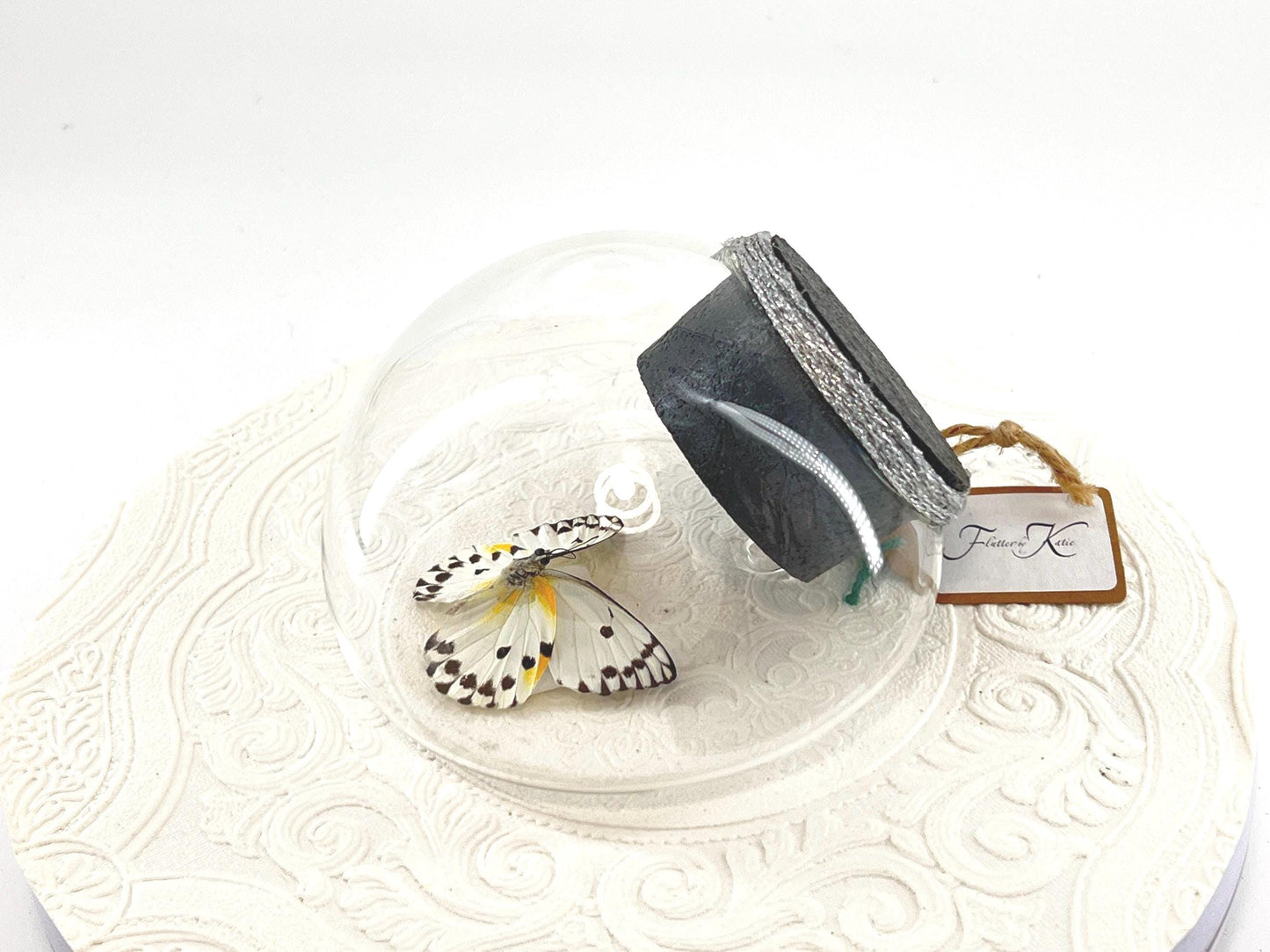 Droplet | Tabletop Wall Hanging | Calypso | White Black Polkadots | Butterfly Sculpture Art Display | Glass Bubble | Central Africa
