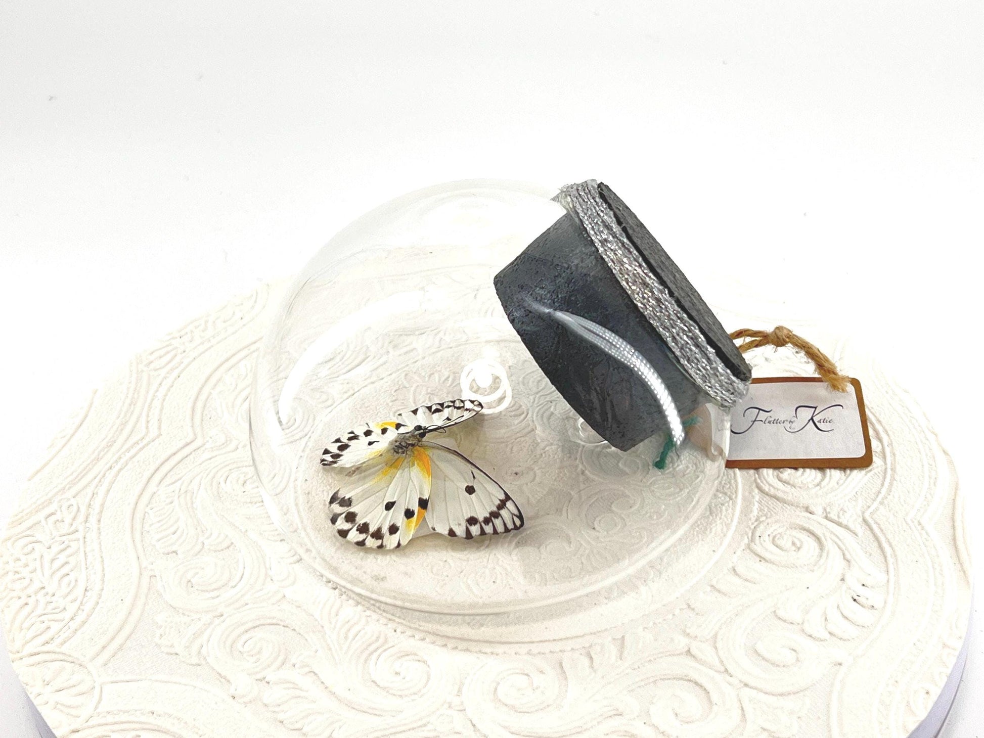 Droplet | Tabletop Wall Hanging | Calypso | White Black Polkadots | Butterfly Sculpture Art Display | Glass Bubble | Central Africa