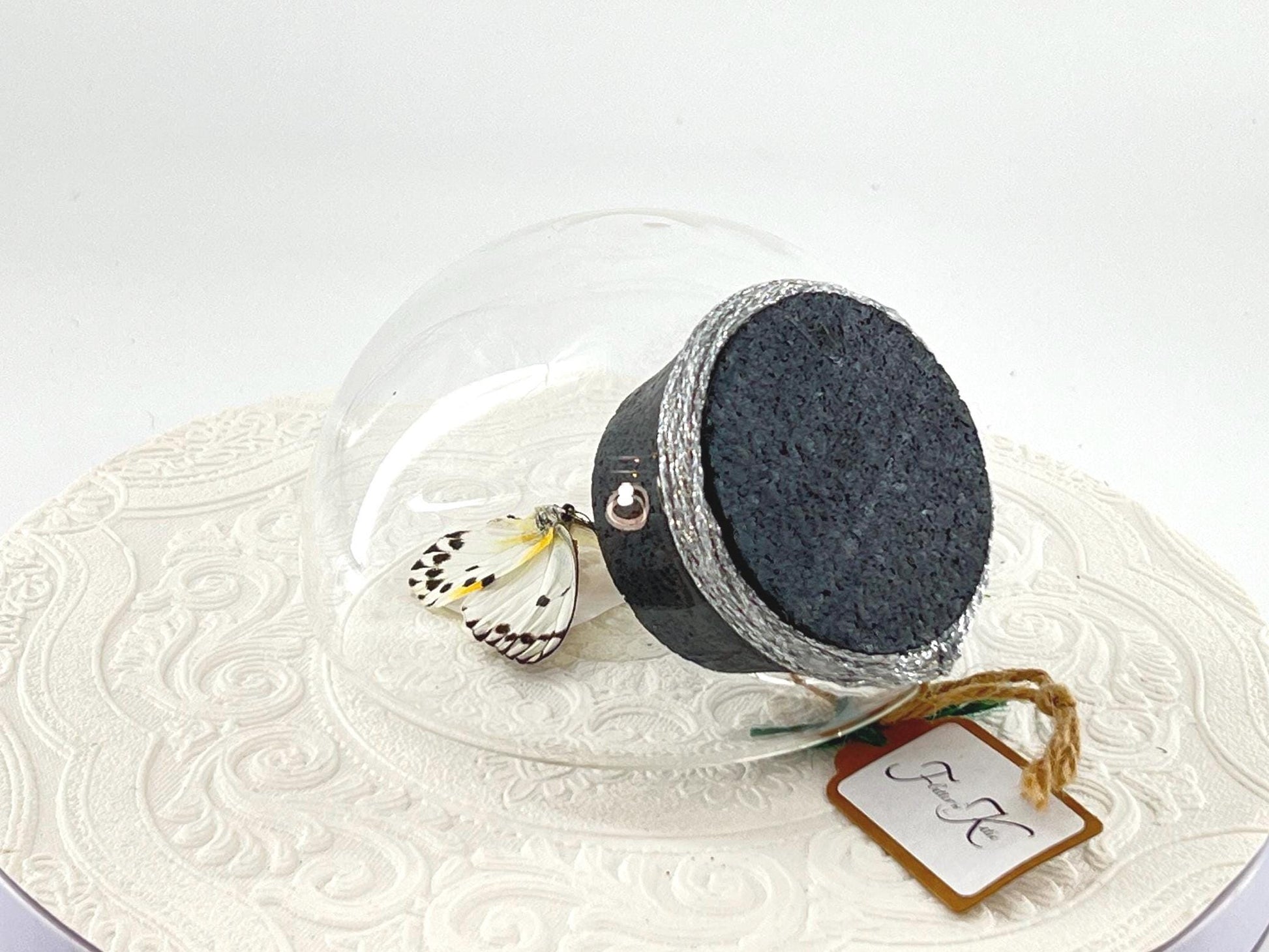 Droplet | Tabletop Wall Hanging | Calypso | White Black Polkadots | Butterfly Sculpture Art Display | Glass Bubble | Central Africa